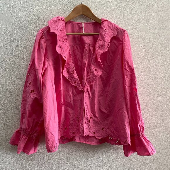 Free People Tops - Free People Maisie Cutwork Top Peasant Boho Hippie XL Pink OB1666078 Embroidered